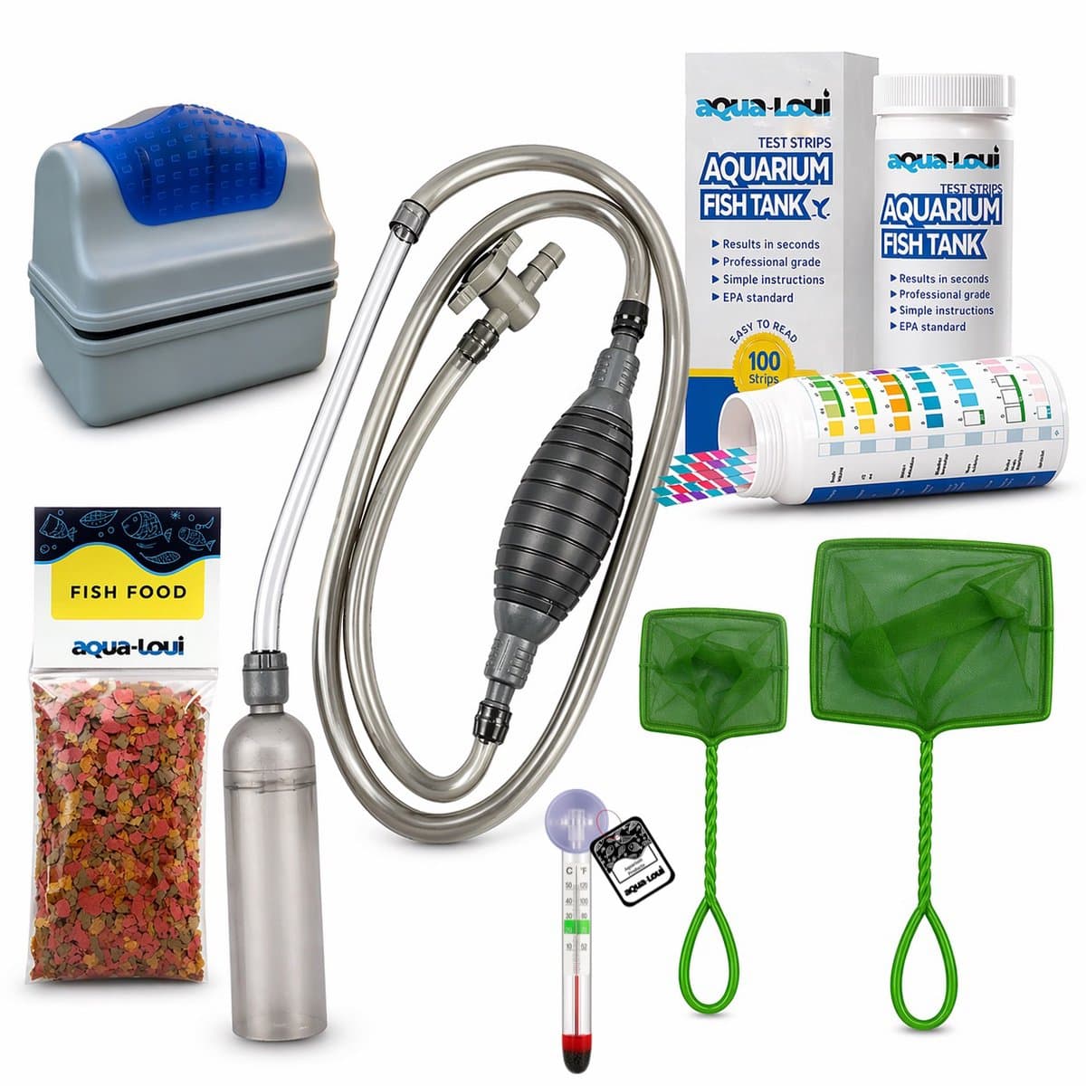 Aqua-Loui® - Aquarium Starterset - Complete Onderhoud Kit - Thermometer, Water Teststrips, Schepnet Set (2 stuks), Algenmagneet & Premium Stofzuiger + Visvoer 250ml