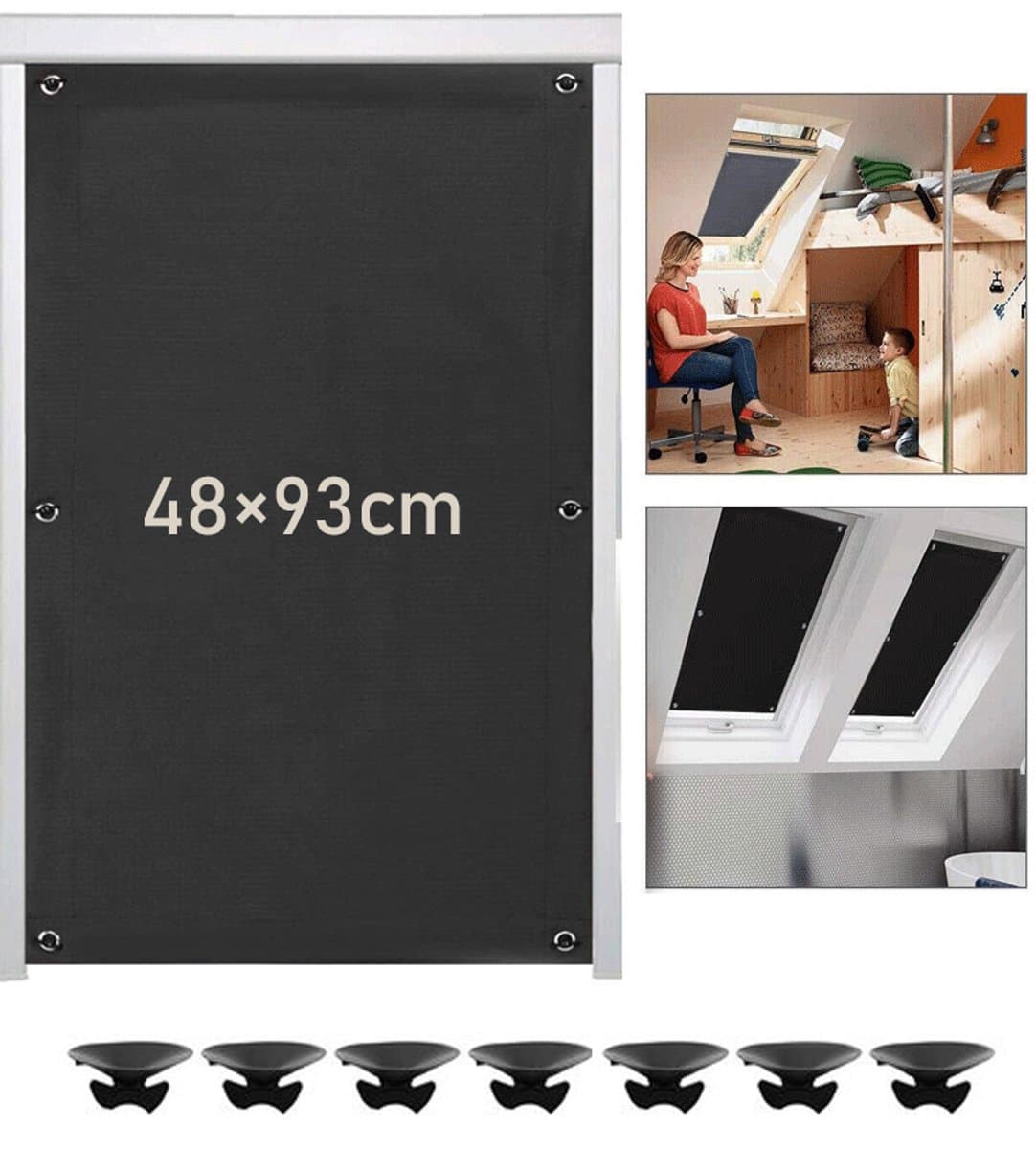 Universele Zonwering Met Zuignappen - 48 x 93cm - Verduisteringsgordijn met 7 zuignappen - Verduisterende rolgordijnen zonder boren - Warmte/Licht Werend Doek - Geschikt voor dakramen, slaapkamers, tuindaken - zwart