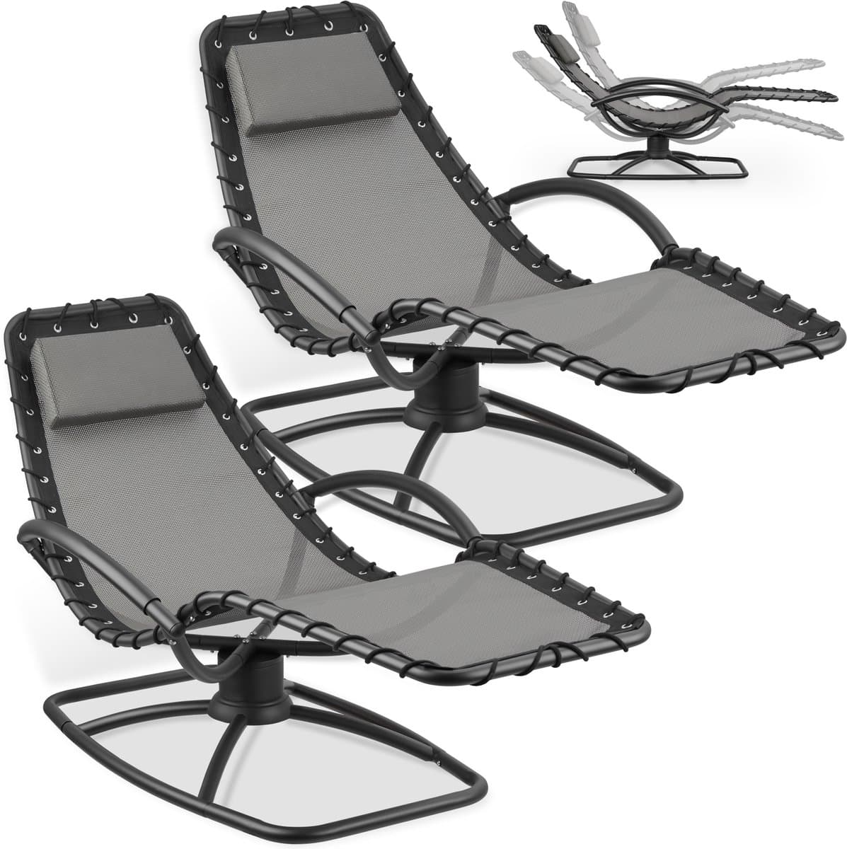 tectake® Ligstoel Toulon - Set van 2 - Ergonomische Tuinstoelen met Schommelfunctie - Zero Gravity Ligbedden voor Tuin, Terras en Balkon - Relaxstoelen met Hoofdkussen en Comfortabele Armleuningen - Ligstoelen - 120kg Draagkracht - Grijs