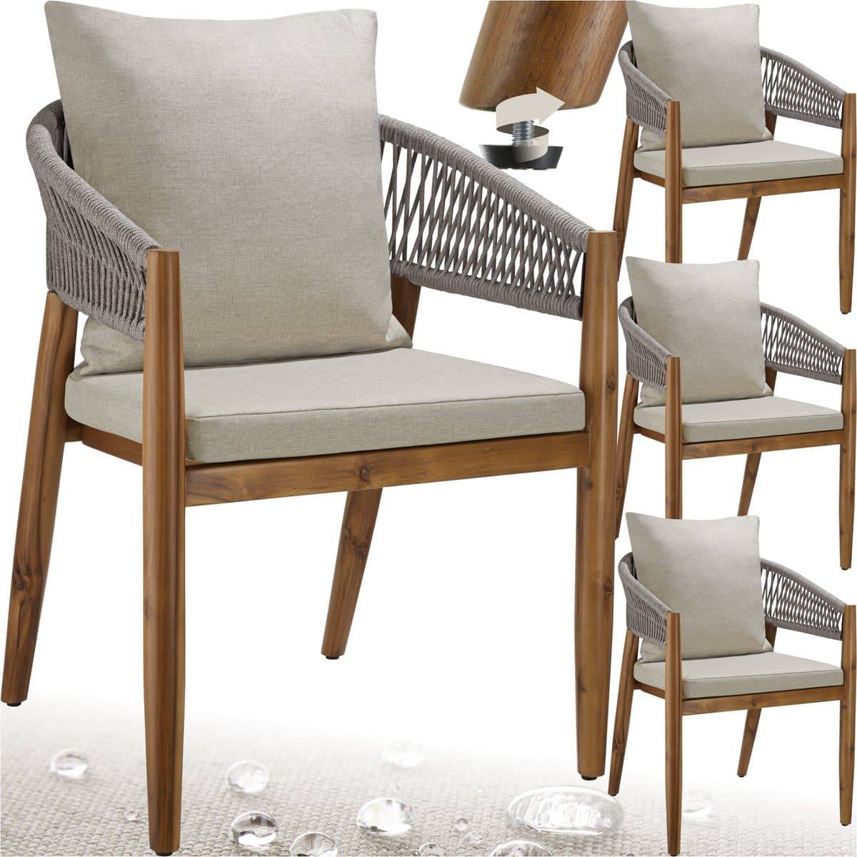 tectake® Set van 4 Tuinstoelen Manacor - Tuinstoel in Rope-Design - Balkonset - Weerbestendige Buitenstoel van Gelakt Acaciahout - Grijs/Beige - Stoelen voor Tuin, Balkon, Terras