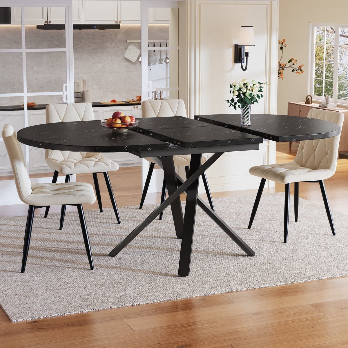 5-delige Eettafelset met Ronde Uitschuifbare Tafel (100-140 cm) en 4 Beige Velours Stoelen - Eetkamer Set - Moderne Eettafel voor 4-6 Personen met Praktische Uitschuiffunctie