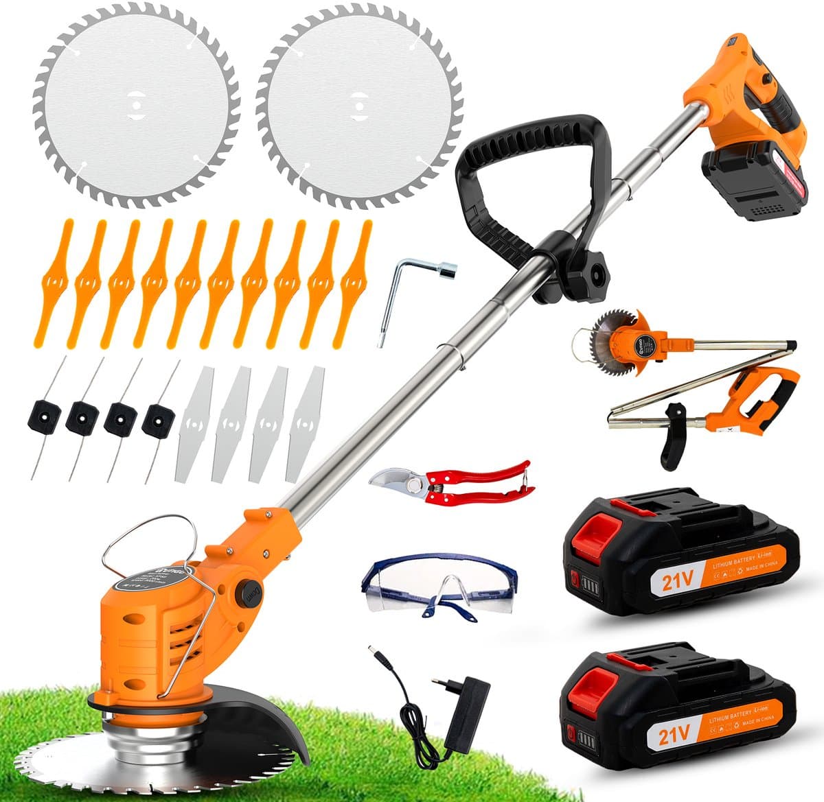Accu grastrimmer met accu, gazonkantentrimmer met 2 accu's 21V en 4 mestypen + 1 tuinschaar, opvouwbare grasmaaier-Oranje