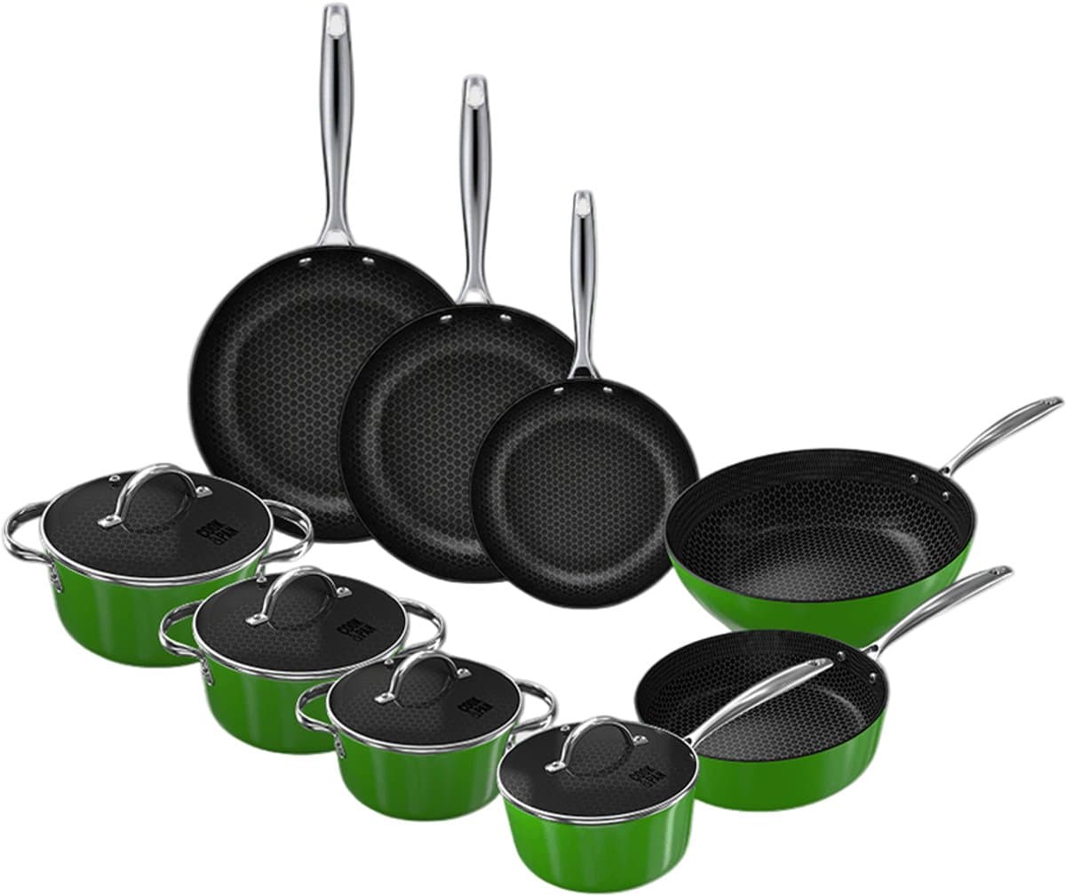 Cook & Pan Honey 9-Delige Pannenset Groen - PFAS vrij - Geschikt voor Inductie - Pannen Set met 7 jaar Garantie - Krasbestendige Anti Aanbaklaag - Vaatwasserbestendig - Koekenpan, Wokpan, Steelpan, Hapjespan, Kookpot