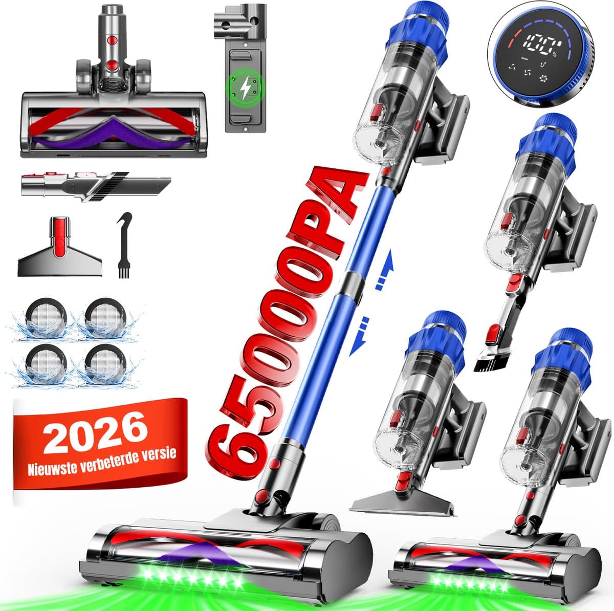 Elekiatech - Steelstofzuiger Draadloos - 65000Pa - 70 Min Gebruikstijd - 8-in-1 Filtersysteem - Blauw