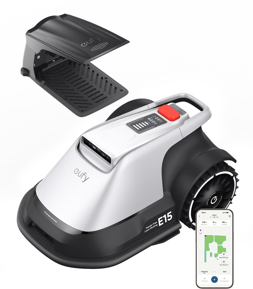 eufy Robotgrasmaaier E15-draadloos- zonder RTK -geen signaalproblemen- 5-minuten-setup -automatische mapping tot 800 m²- obstakelvermijding- Ride-On Edge, bediening via app- met regenkap