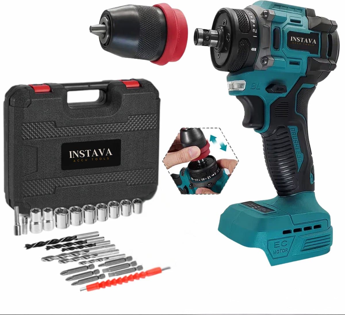 Instava 2 in 1 Accu Schroefboormachine zonder Accu - Geschikt Voor Makita 18v Accu - Incl. Opbergkoffer en 31-delige Set Accessoires
