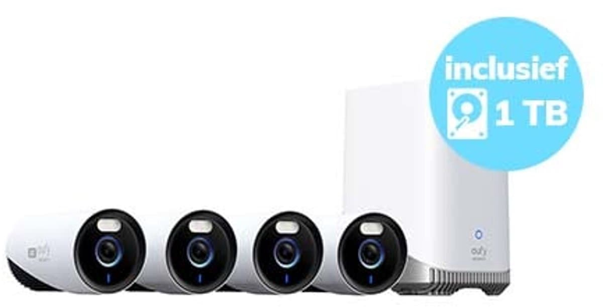 eufy Security E330 Buitencamera's, 4 Pack met HomeBase 3 – Outdoorcam set - 4K Ultra HD-resolutie, 24/7 opname, wifidekking van 464 m², AI-gezichtsherkenning, bedrade beveiligingscamera's voor buiten