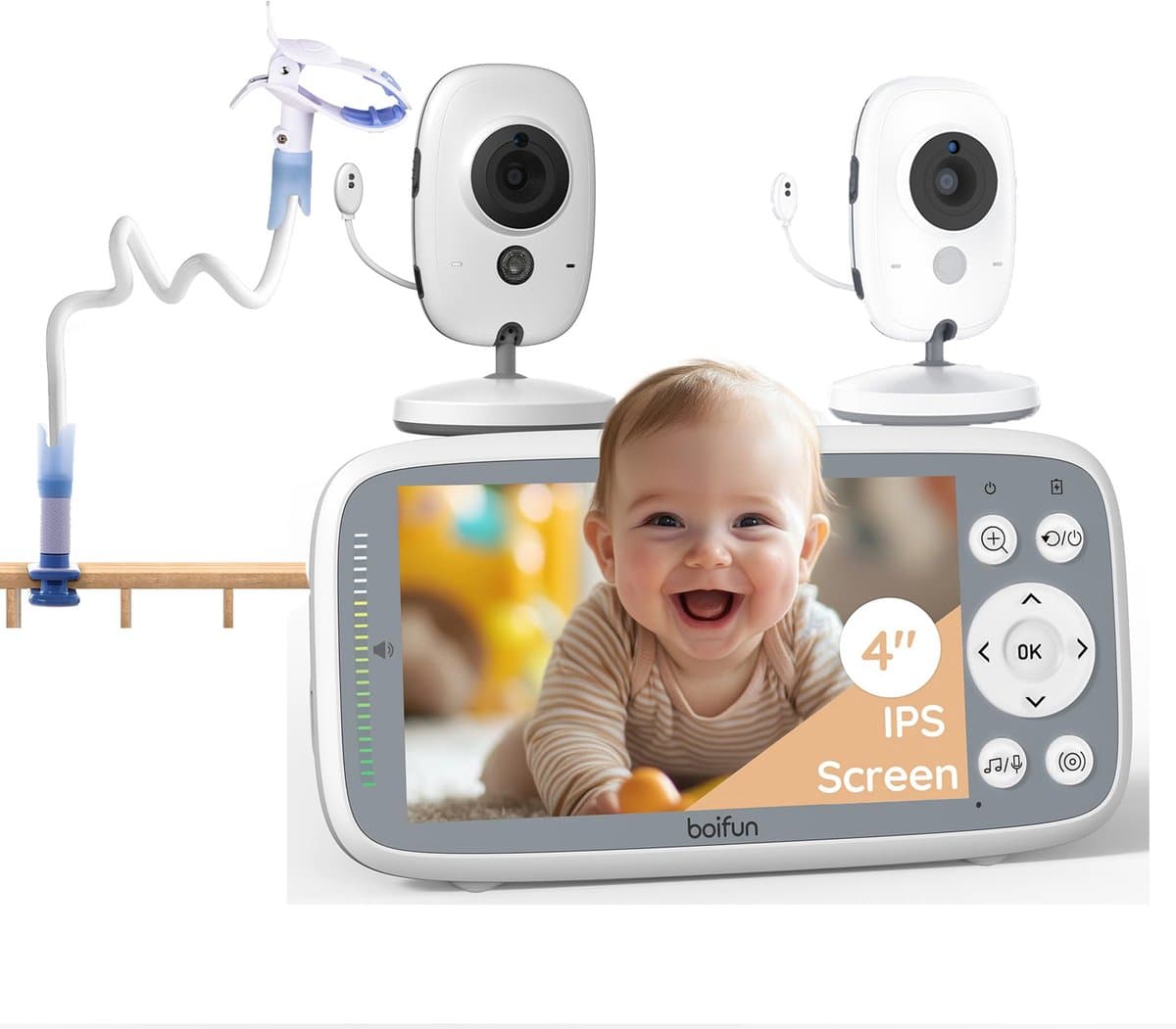 BOIFUN VB616 Babyfoon - Babyfoon met 2 Camera - Groot 4 Inch HD Baby Monitor - Video & Audio - met Slimme Functies - Baby Camera - Inclusief Flexibele Houders