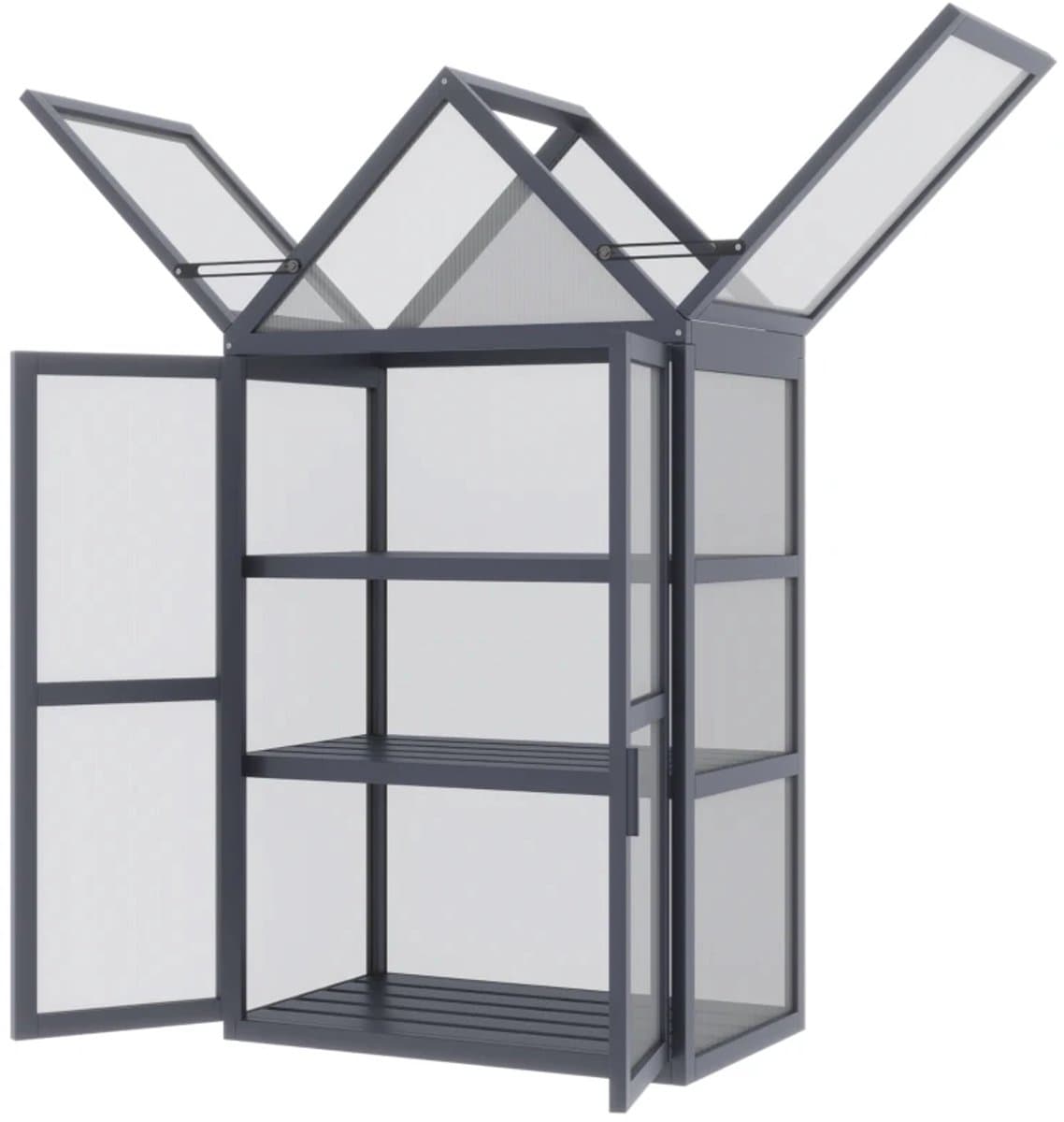 Koude Mini Kas met Scharnierend Dak en Dubbele Deuren - 3 Etages - Weerbestendig - Tuinkas - Broeikas - Kweekkas - Tomatenkas - Groentekas - Plantenkas - voor Groenten, Bloemen, Planten - 70,5 x 42 x 132 cm - Grijs