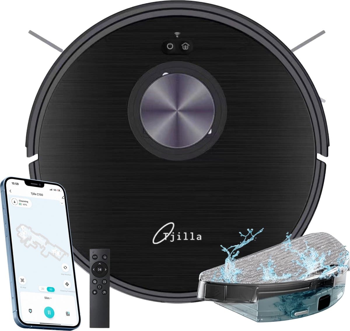 Tjilla C150 Robotstofzuiger met dweilfunctie - Nederlands product - Realtime mapping - Anti-klit borstel - Met laadstation - LDS Laser navigatie - Proefperiode 30 dagen - Huisdieren - Dweilrobot - Bediening met App - Met afstandsbediening - 11.500pa