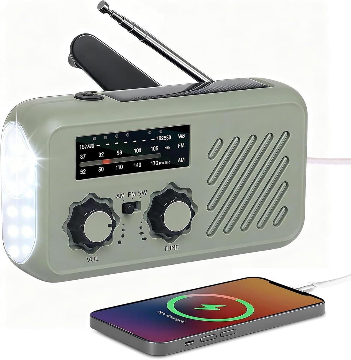 Noodradio op zonne-energie - Draagbare radio met handslinger - AM/FM-weerradio met 2000 mAh powerbank, SOS-alarm, zaklampdynamo - USB-oplader voor kamperen en wandelen in de buitenlucht