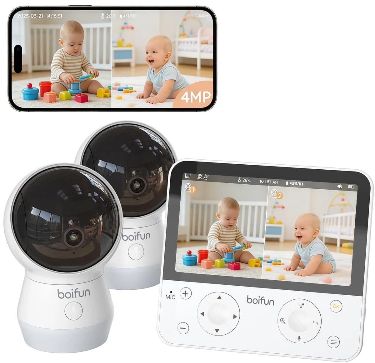 BOIFUN Babyfoon met camera - Baby Monitor met 2 Camera's - Babyfoon met Camera en App - AI-detectie (Slapen op de Buik en Gezichtsgebied) - Nachtlampje - 5.5 Inch Scherm - Video & Audio