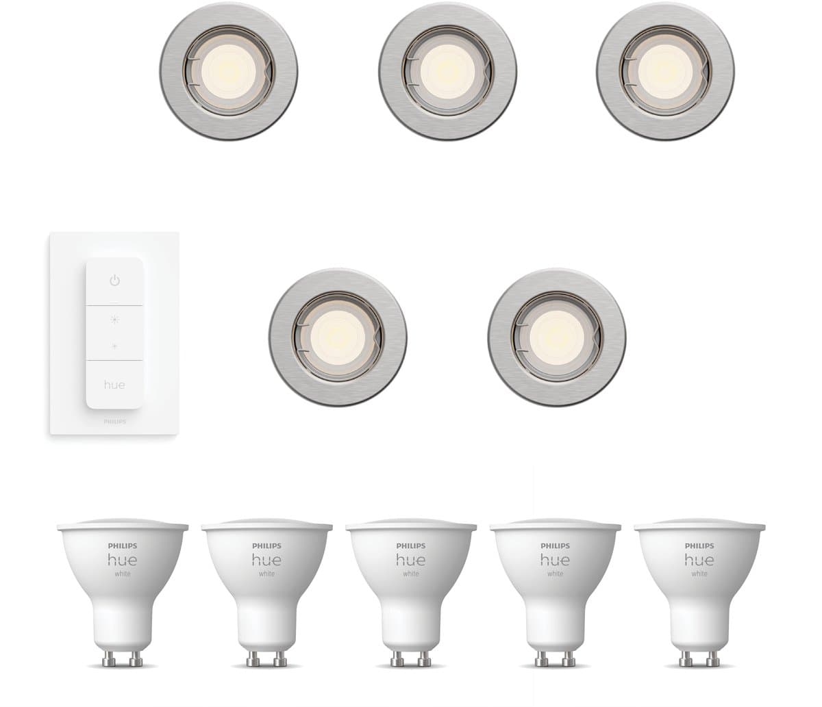 Philips Hue Peridot Set van 5 Inbouwspots (Nikkel) - Rond - Niet Richtbaar - GU10 - Warmwit Licht - Incl. Hue Dimmer Switch - Hue White