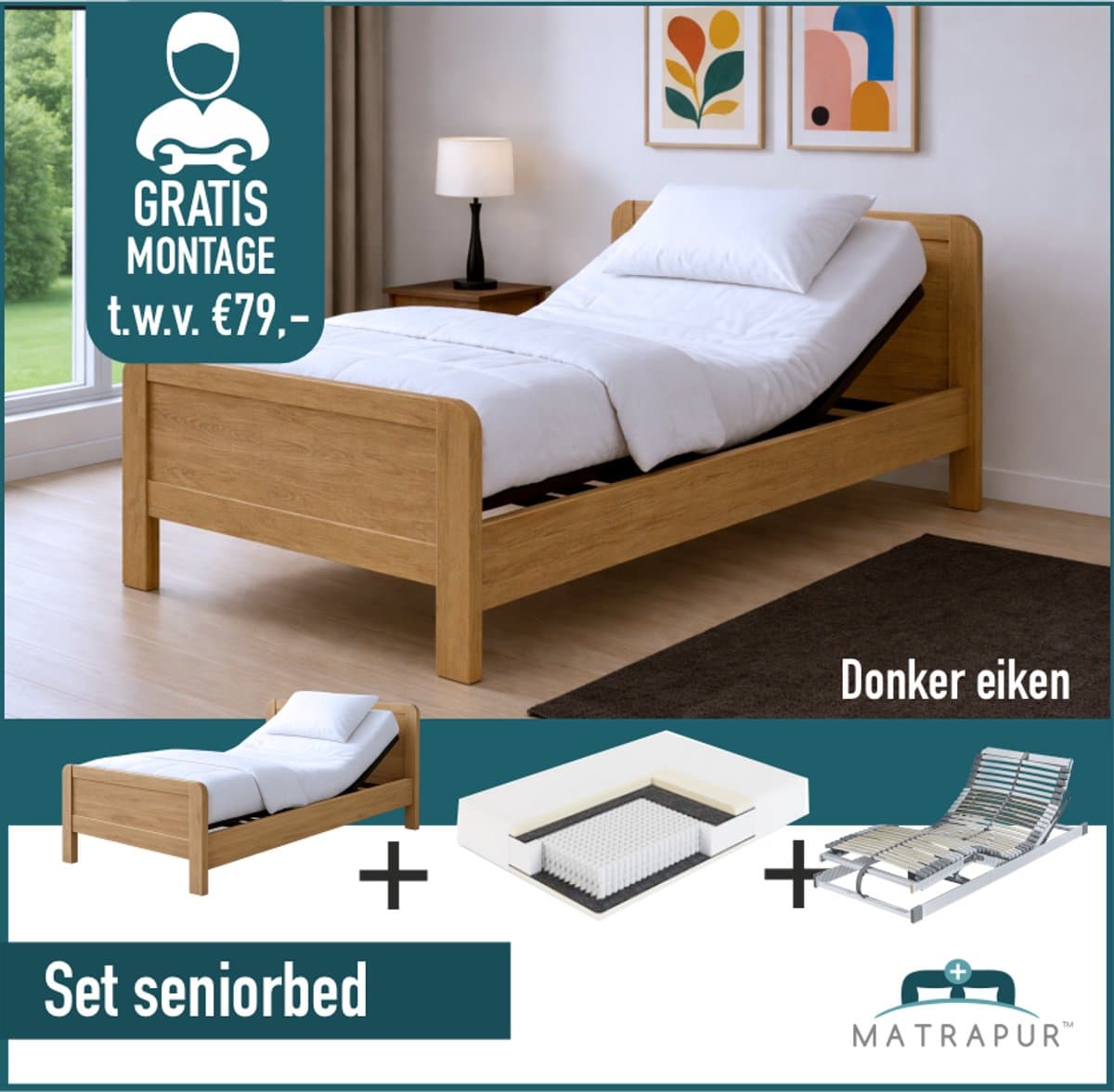 Compleet elektrische set ledikant seniorenbed 90x200 cm eiken kleur + 42-lats Elektrisch Verstelbaar + Master Nasa traagschuim | 7 zone Pocketveer matras 90x200