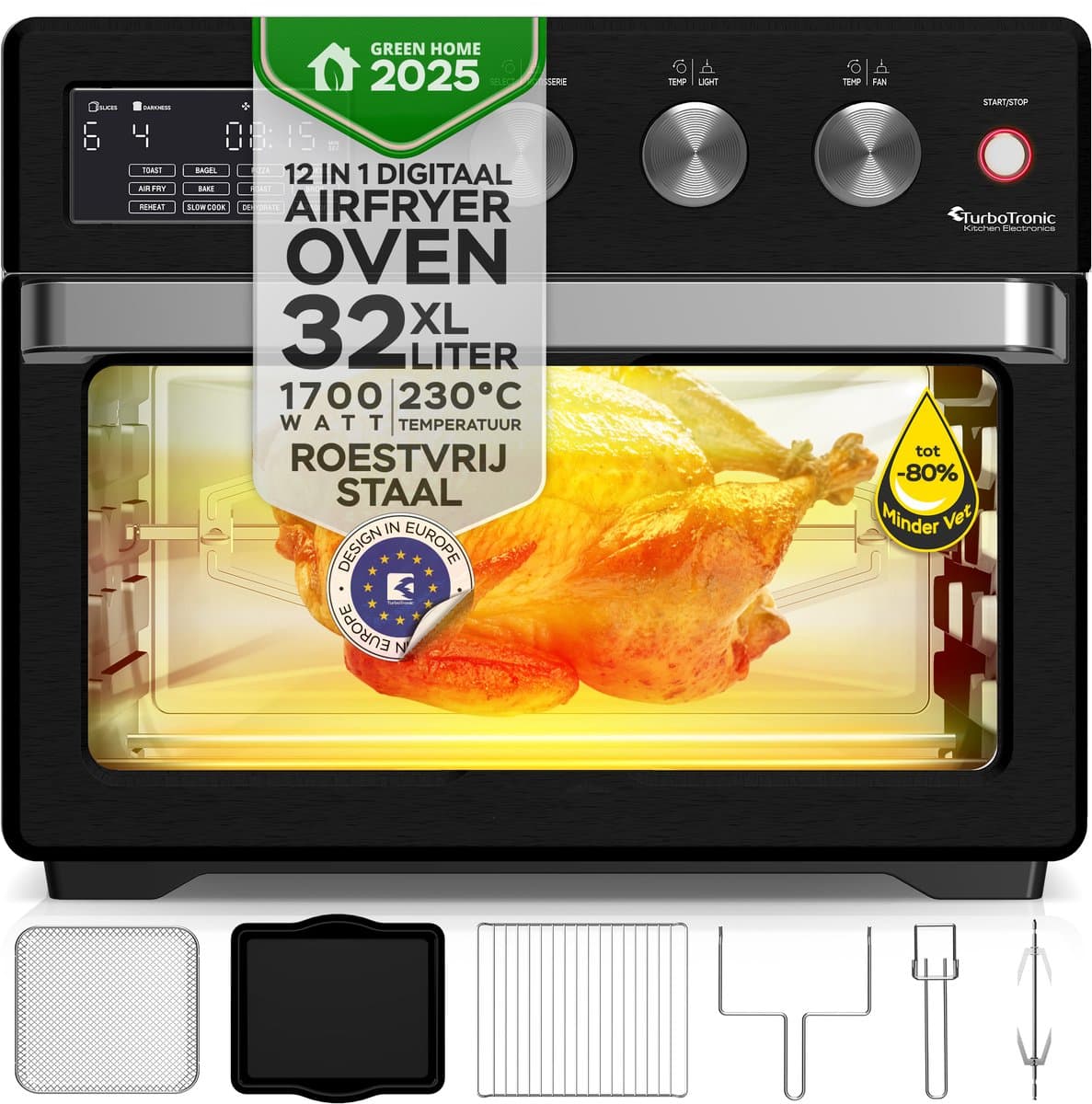 TurboTronic AF32DRD Airfryer XXL en Mini Oven – 32 Liter – Vrijstaande Oven – 12 Kookprogramma’s – 25° tot 230°C – Zwart