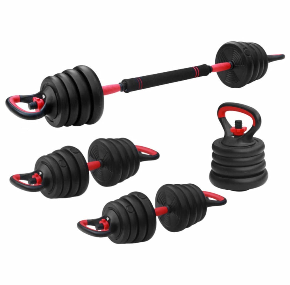 Fitpaddy Gewichten set - Halterset - Halterstang - Dumbells - Kettlebell - 3 in 1 - tot 15kg - Zwart/Rood