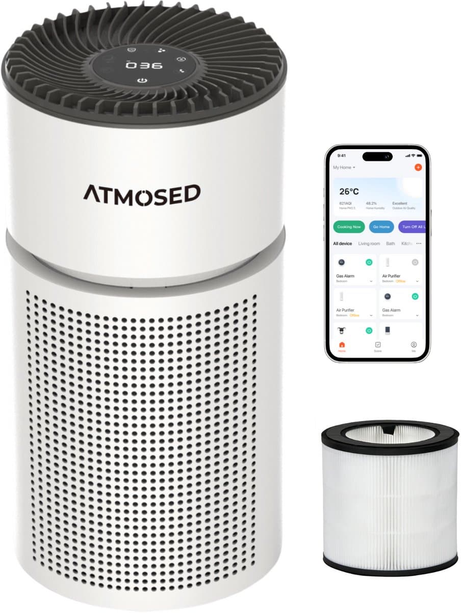 Atmosed 5-in-1 Luchtreiniger - Air Purifier - HEPA H13 Filter - Koolstof Filter - CADR 420 m³- 60 m² - Automatische stand - Luchtfilter tegen Hooikoorts, Allergie, Stof en Huisstofmijt - Luchtkwaliteitsindicator - Ionisator - UV Sterilisator