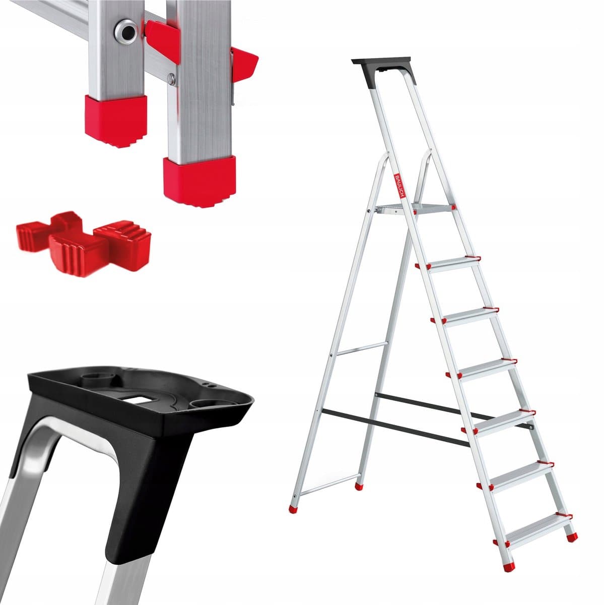 Baulich Huishoudtrap Aluminium - 7 treden met plateau - Opvouwbare vouwladder met antislip treden - Draagvermogen 125 kg - Werkhoogte 340 cm - Stabiele geprofileerde voeten
