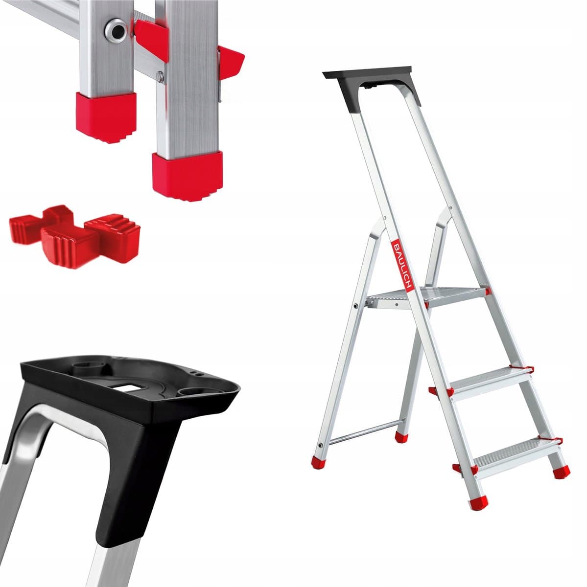 Baulich Huishoudtrap Aluminium - 3 treden met plateau - Opvouwbare vouwladder met antislip treden - Draagvermogen 125 kg - Werkhoogte 254 cm - Stabiele geprofileerde voeten