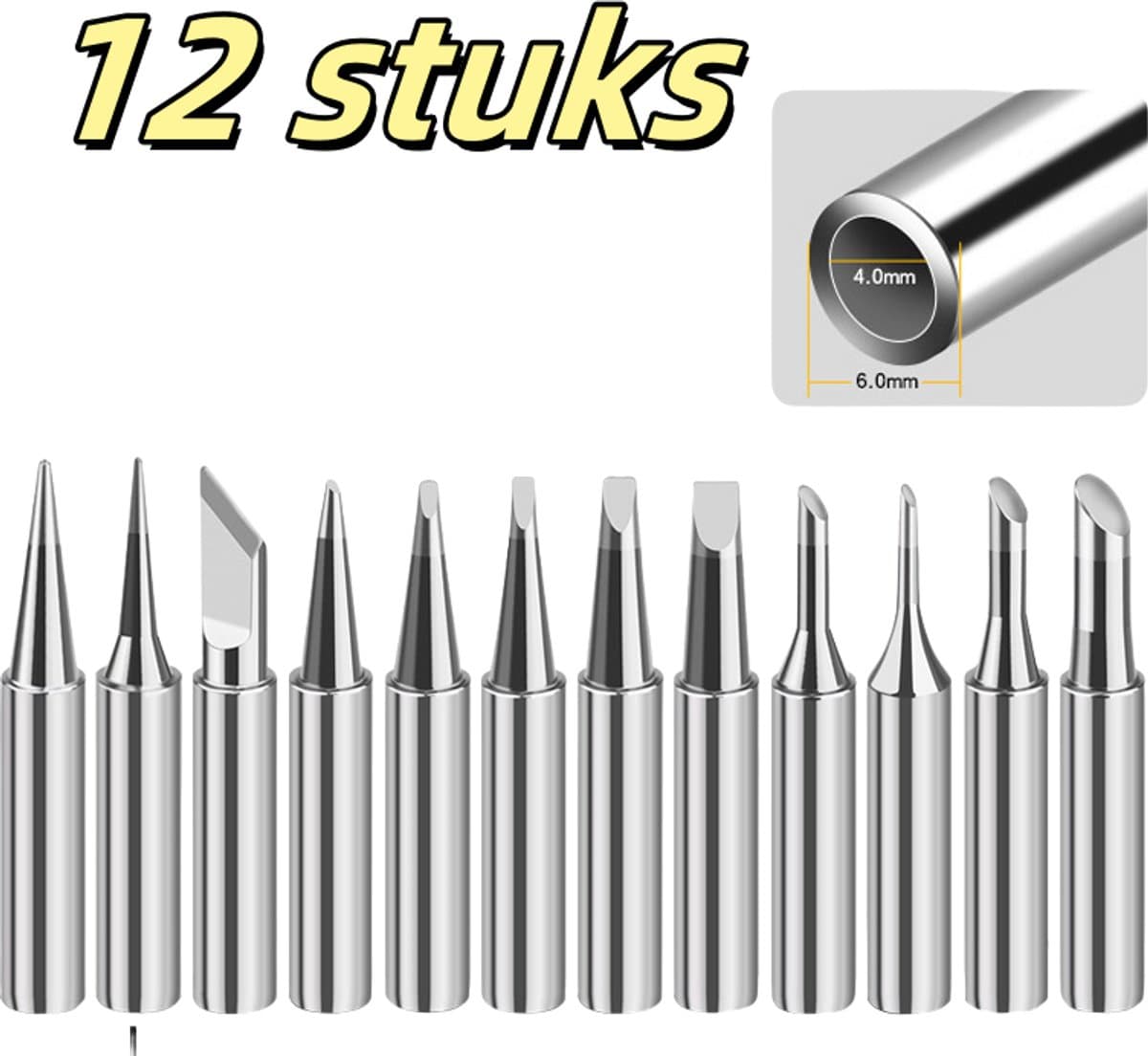 Set van 12 stuks - Soldeerboutpunt - Constante temperatuur - 936 Soldeerstation - 900M - Intern verwarmd - Elektrische soldeerboutpunt - Schuine, platte punt