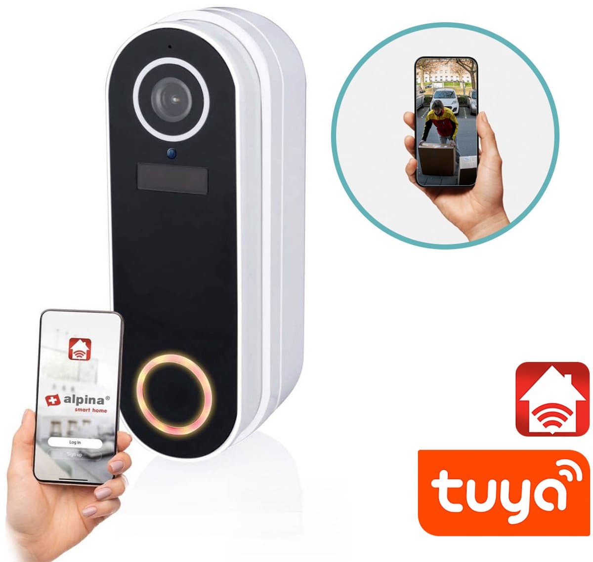 alpina Smart Home Draadloze Video-Deurbel met Camera en Wifi - Full HD - Intercom - Werkt op Interne Oplaadbare Batterijen - Nachtzicht - Bewegingssensor - IP65 - Wit