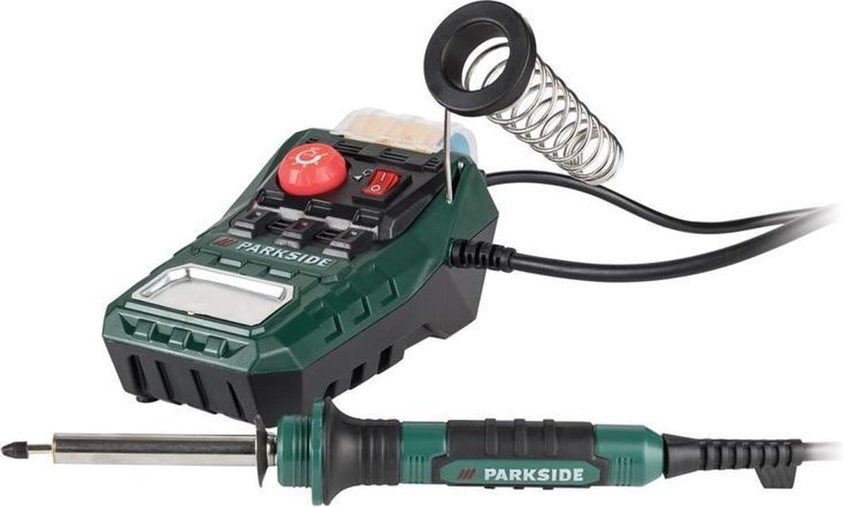 PARKSIDE® Instelbare Soldeerstation 100-500 °C - 48W - Inclusief 1 Extra Vervangingspunt en 2 Klossen Elektronicasoldeer - Compacte Soldeerbout met Soldeerspons, Vak voor Klossen en Netschakelaar - Digitaal -