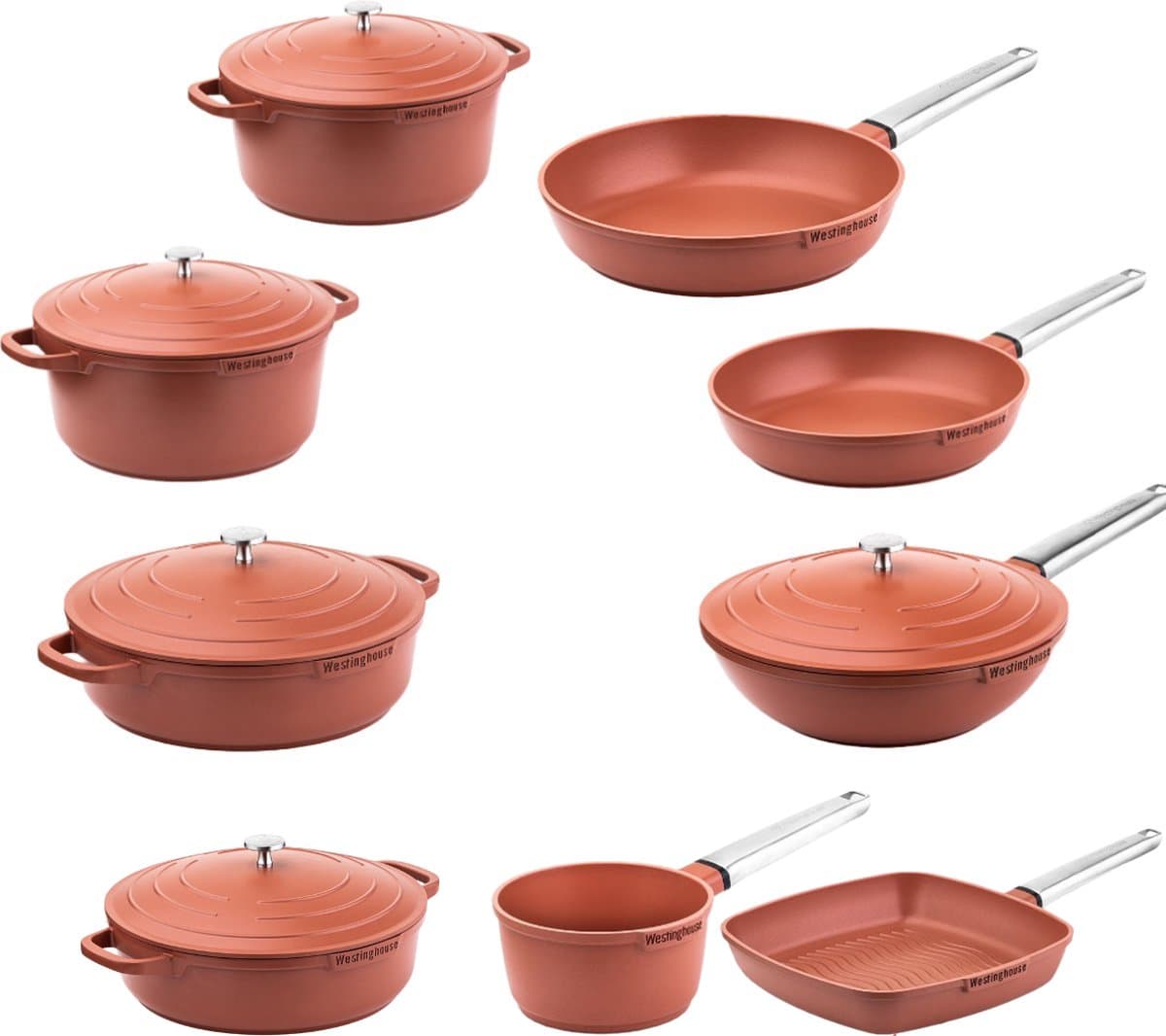 Westinghouse Performance 9-delige Pannenset – Koekenpannen + Braadpannen + Hapjespannen + Wokpan + Grillpan + Steelpan – PFOA-vrij – Inductie – Oranje