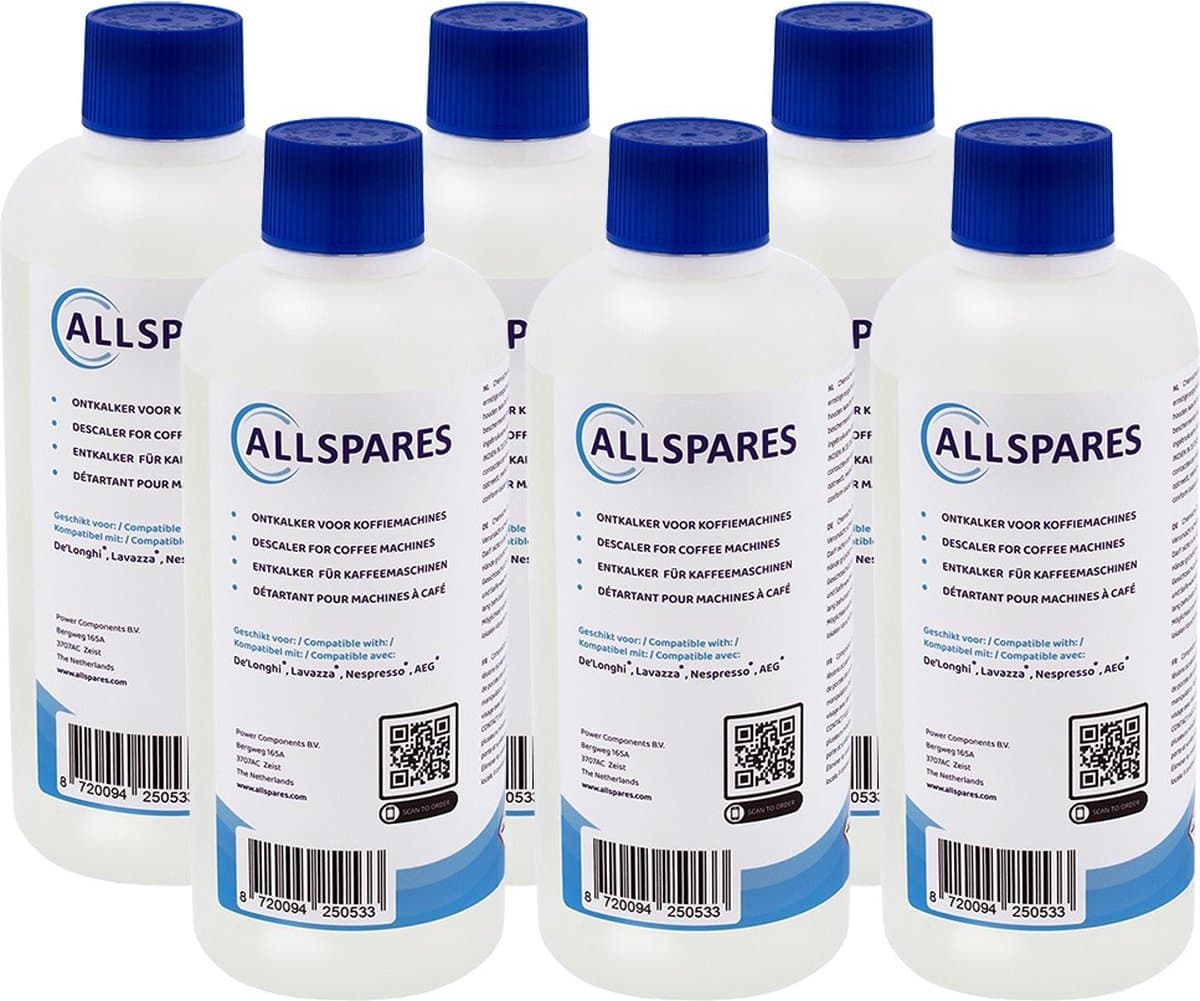 AllSpares Vloeibare Ontkalker (6x 500ml) voor Koffiemachines geschikt voor Delonghi Original EcoDecalk DLSC500