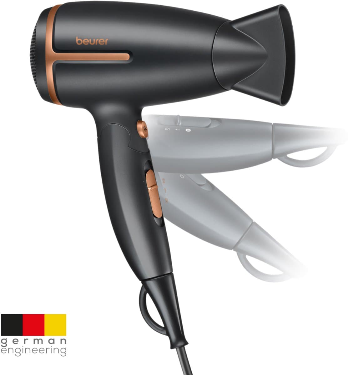 Beurer HC 25 Reisföhn - Compact - Inklapbaar - Wereldwijd gebruik - Ionische haardroger - 1600 Watt - Zwart/Bruin- 3 Jaar garantie