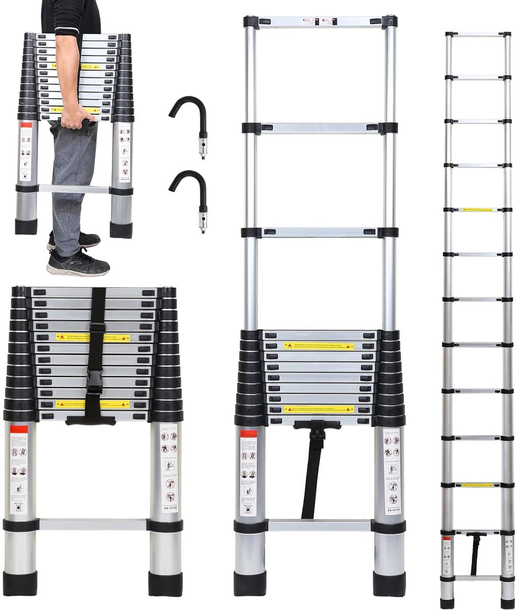 Telescopische Ladder - Telescoopladder - 3,8m zilver + haak, Max. Belasting 150 kg, Compact en Draagbaar met Soft Closing Systeem, Geschikt voor Particulier en Professioneel Gebruik, Telescopische Vouwladder