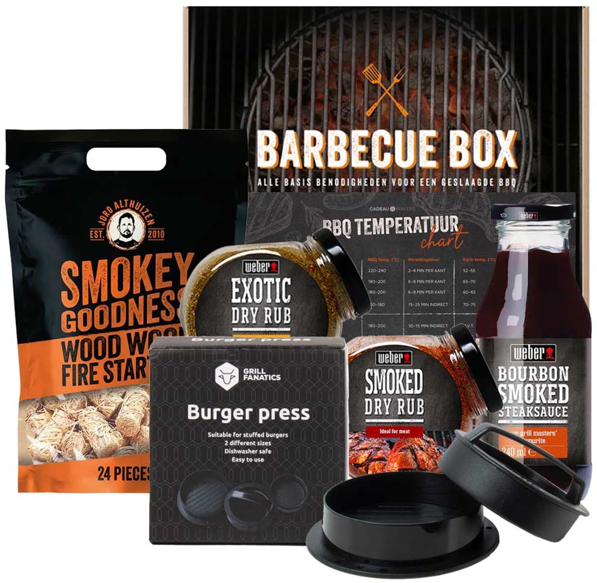 Barbecue Box met Weber items | Barbecue cadeaupakket | Hamburger pakket | Hamburger cadeaupakket | BBQ Cadeaubox | Zomerpakket | Zomer cadeau | Zomer cadeau man | BBQ accessoires cadeau | BBQ spullen cadeau | Vaderdag cadeau | Weber cadeau