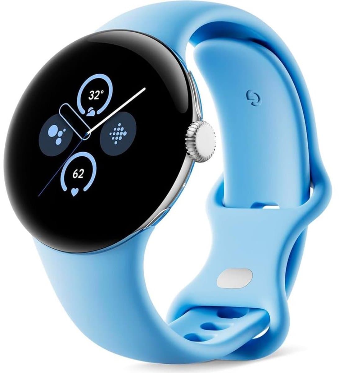 Google Pixel Watch 2 – Zilverkleurige kast – Blauw sportbandje – GPS – 5ATM – Fitbit functies – 24u batterij – AMOLED scherm