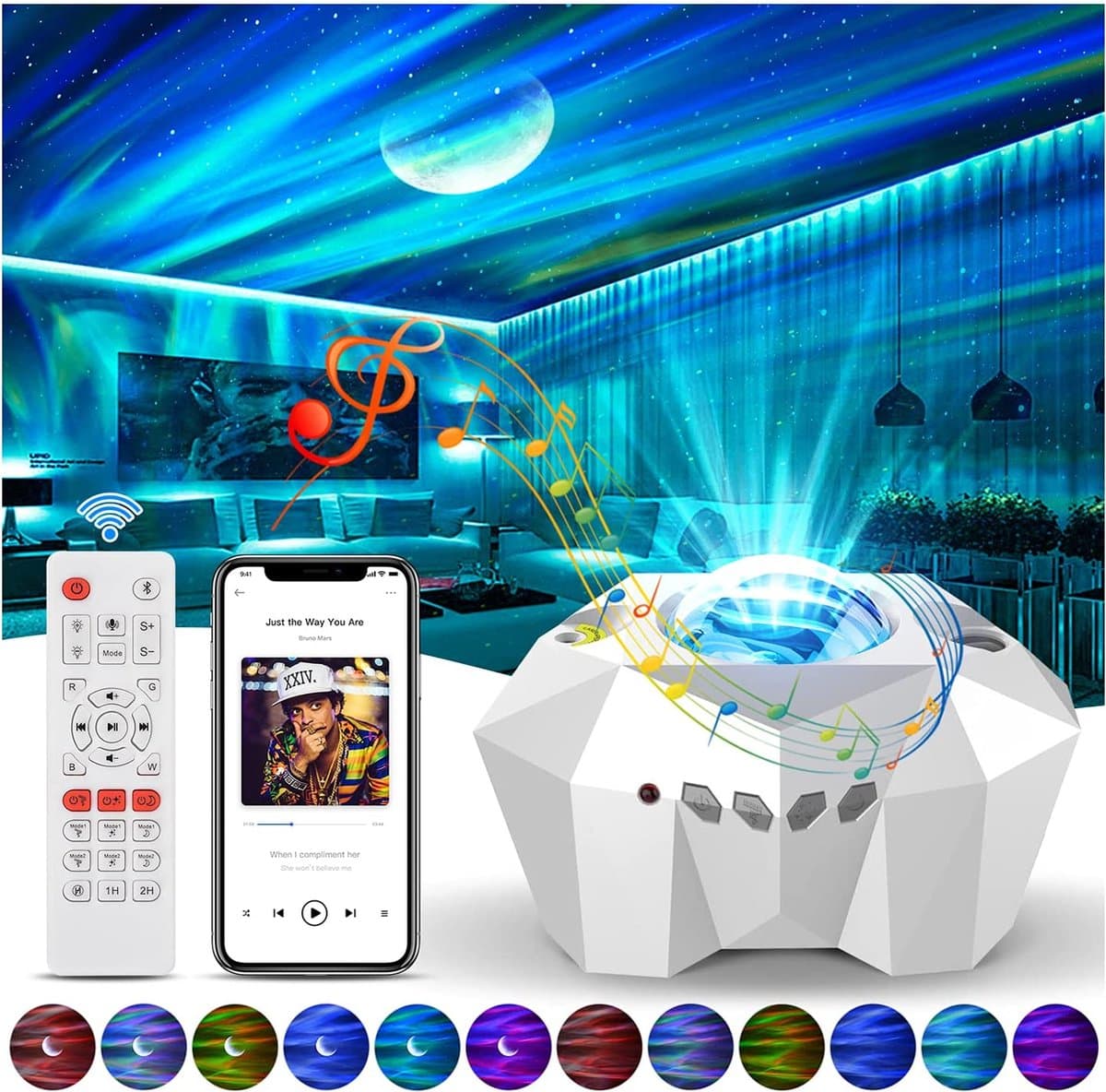 Lexorion Sterrenhemel Projector & Galaxy Projector – Nachtlampje met Noorderlicht & Bluetooth Speaker – Cadeau voor Kinderen & Volwassenen – Wit