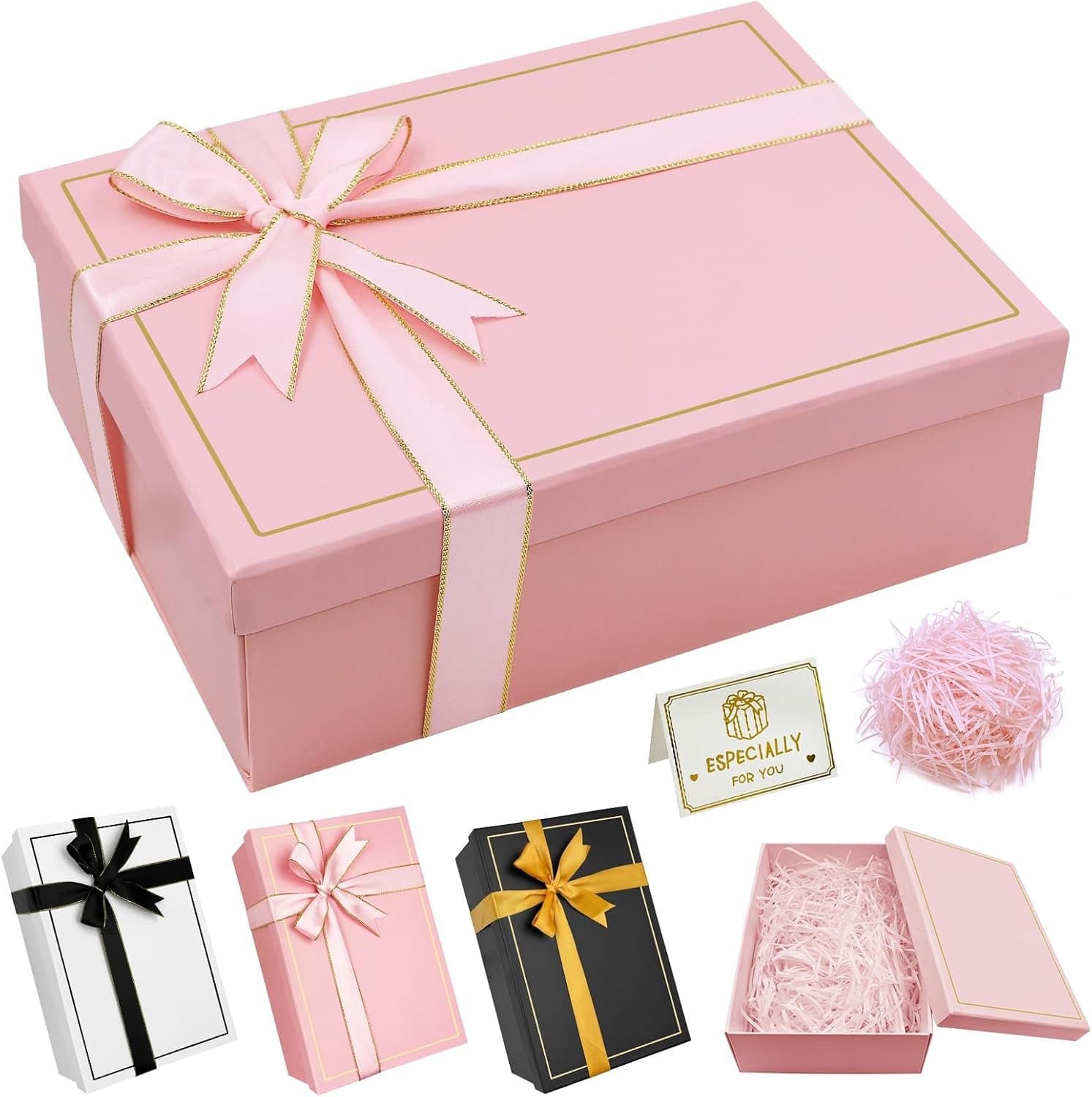 Cadeaudoos - Cadeaubox met Deksel - 25 x 18 x 9 cm - met strik, deksel, lint en versnipperd papier - Vouwdoos - Kerstpakket - voor Bruiloften, Verjaardagen en Kerstmis - roze