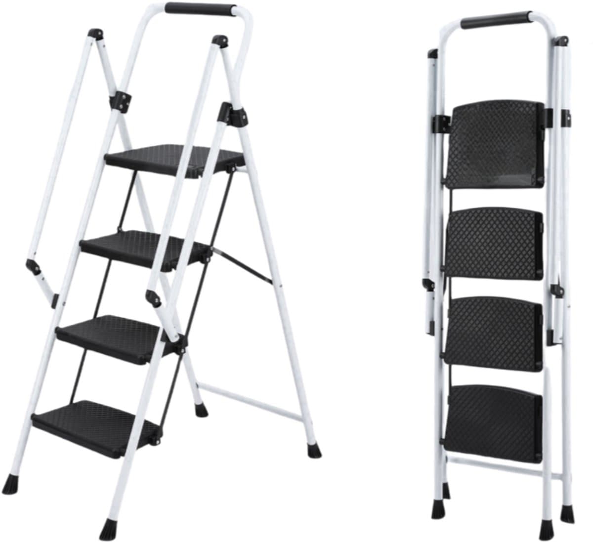 Witte trapladder - Opvouwbare ladder - Keukentrap-Huishoudtrap – Brede treden – Anti-slip – Veiligheidsbeugel - Staal - Keuken - 4 treden- Inklapbaar-Wit