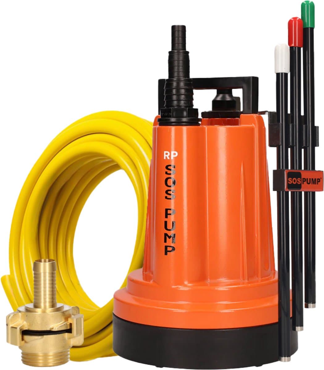 SOS PUMP ® SET Dompelpomp met Schakelaar – Vlakzuigend tot 2 mm – Inclusief 25 m Tuinslang 1/2” (13 mm), Snelkoppelingen & Terugslagklep – Dweilpomp – Vlakzuiger – Kelder – Wateroverlast