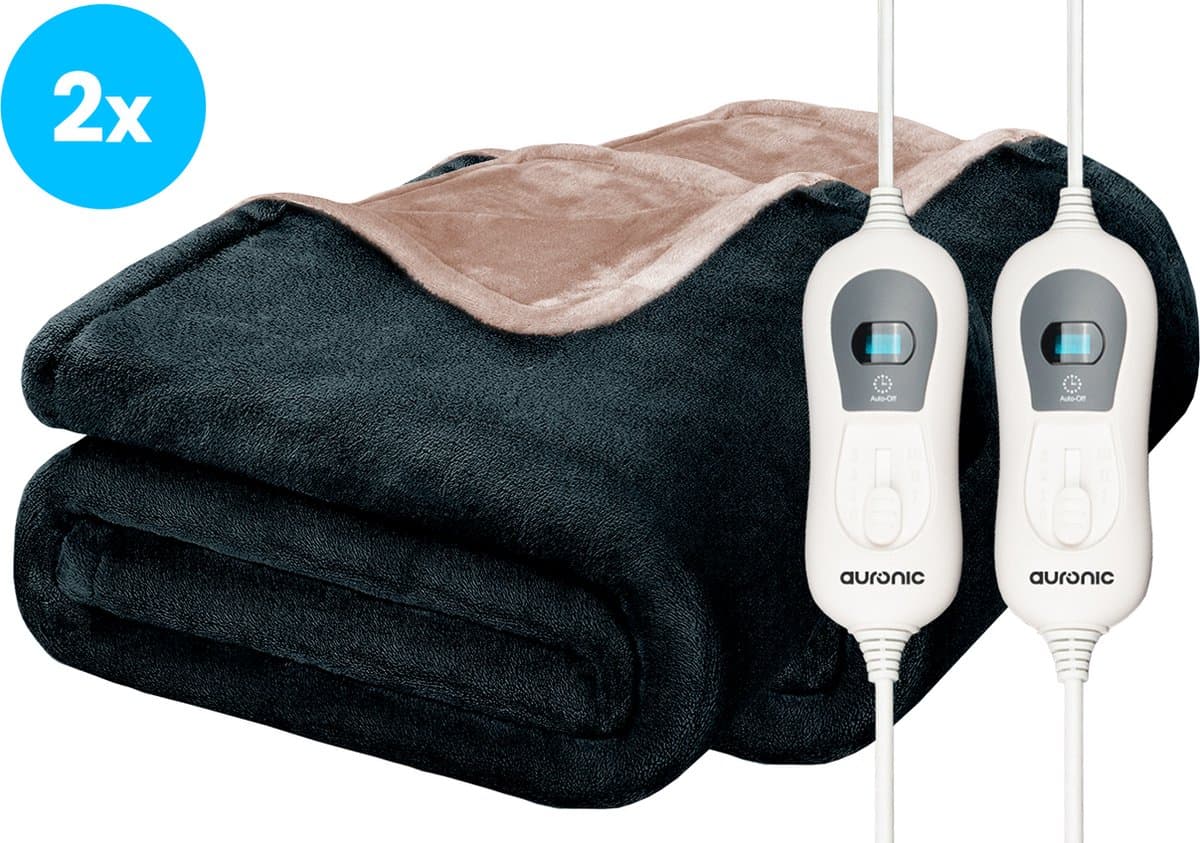 Auronic Elektrische Deken - 160 x 120 cm - Duo Pack - 1 Persoons Warmtedeken - 3 Warmtestanden - Verwarmingsdeken - Antraciet