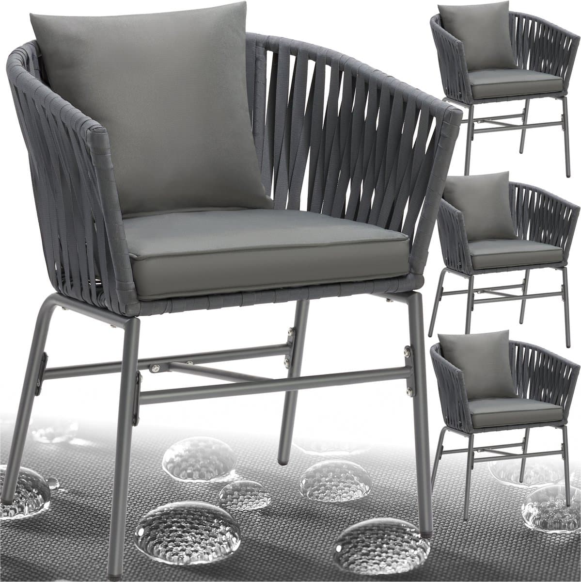 tectake® Tuinstoelen Valeiras - Set van 4 - Metalen Buitenstoel met Rope Design - Terrasstoel met Armleuningen - Tuinstoel - Tuin Fauteuil - Tuinmeubels - Tuinset met Waterafstotende Kussens en Verstelbare Poten