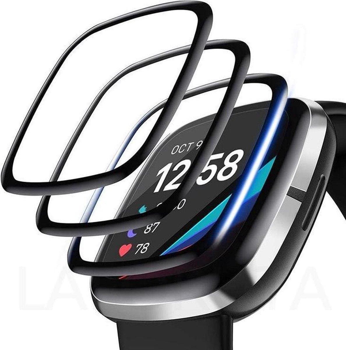 DrPhone PROTEC Pro - Geschikt voor Fitbit Versa 3/4/Sense PC + PMMA Folie 3D - Alternatief Tempered Glass - Volledige Bescherming - Zwart