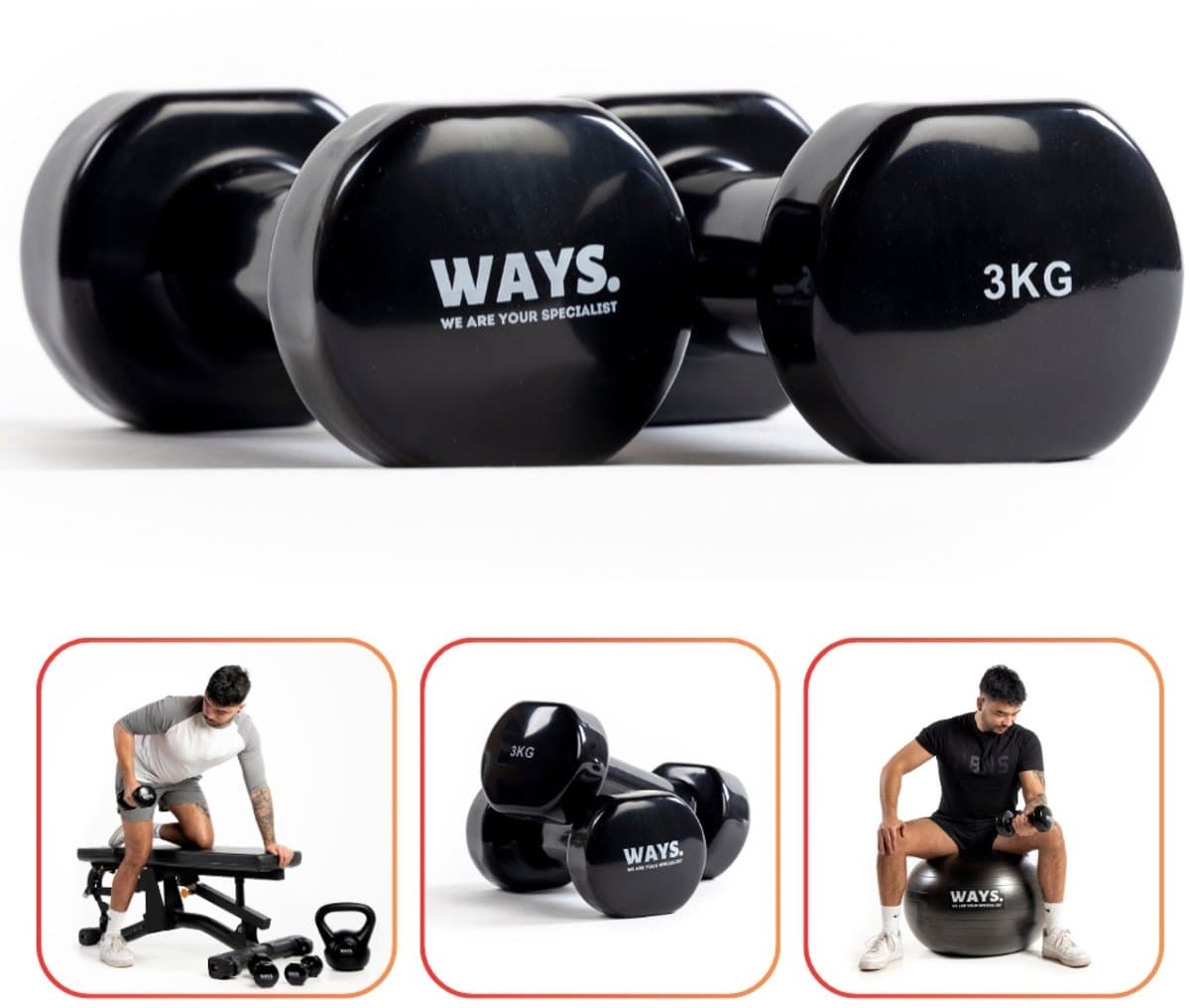 WAYS. Fitness - Dumbbells - 2 x 3 KG - Vinyl - Krachttraining & Home Gym - Zwart