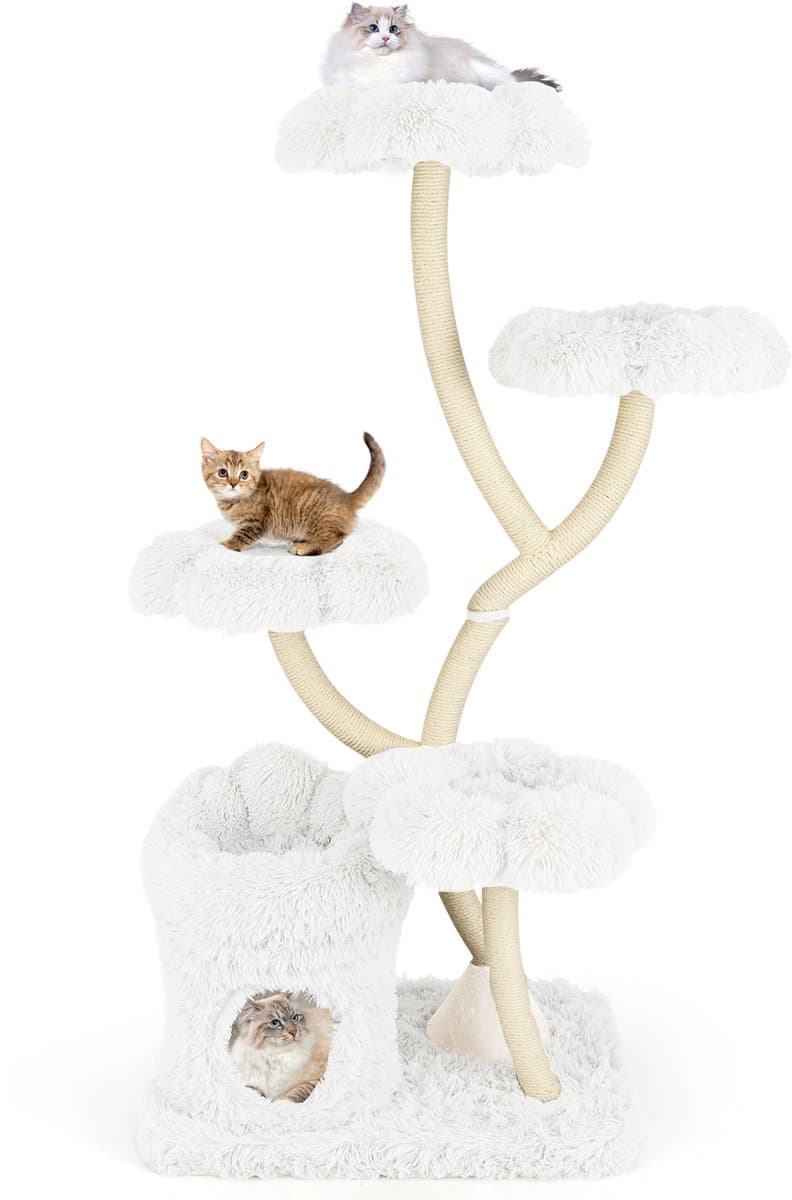 COSTWAY 165 cm krabpaal van hout, kattenboom met 4 warme ligvlakken, kattenmand en sisalstammen, klimboom, kattenkrabpaal groot, kattentoren met metalen frame, kattenmeubel voor katten