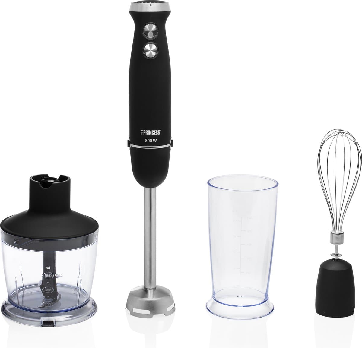 Princess 221220 Staafmixer - Hand blender - 800W - 4-in-1 Set- Inclusief hakmolen, garde en mengbeker