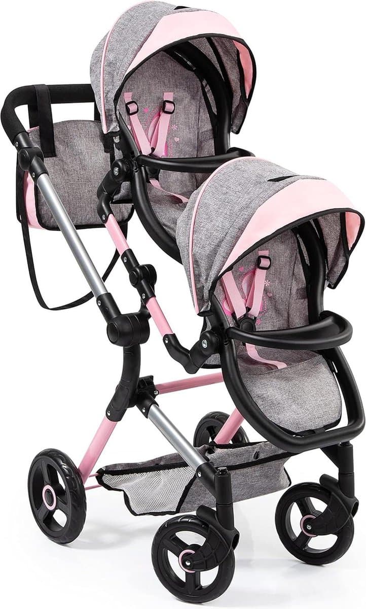 Twin Neo Tweeling poppenwagen verstelbare- zwenkbaar duwstang met tas roze grijs - Voor poppenmoeders Duo kinderwagen