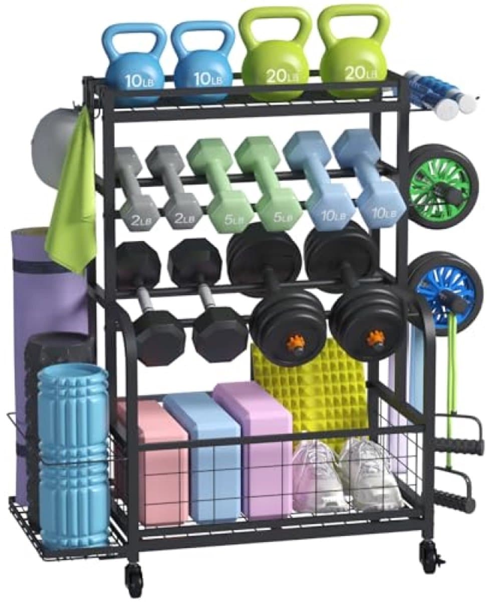 Medium Fitness Opbergrek met Wielen - Verstelbaar Gewichtenrek voor Dumbbells, Kettlebells, Yogamatten en Accessoires - Tot 272 kg Draagvermogen - Voor Thuisgym, Garage of Fitnessruimte