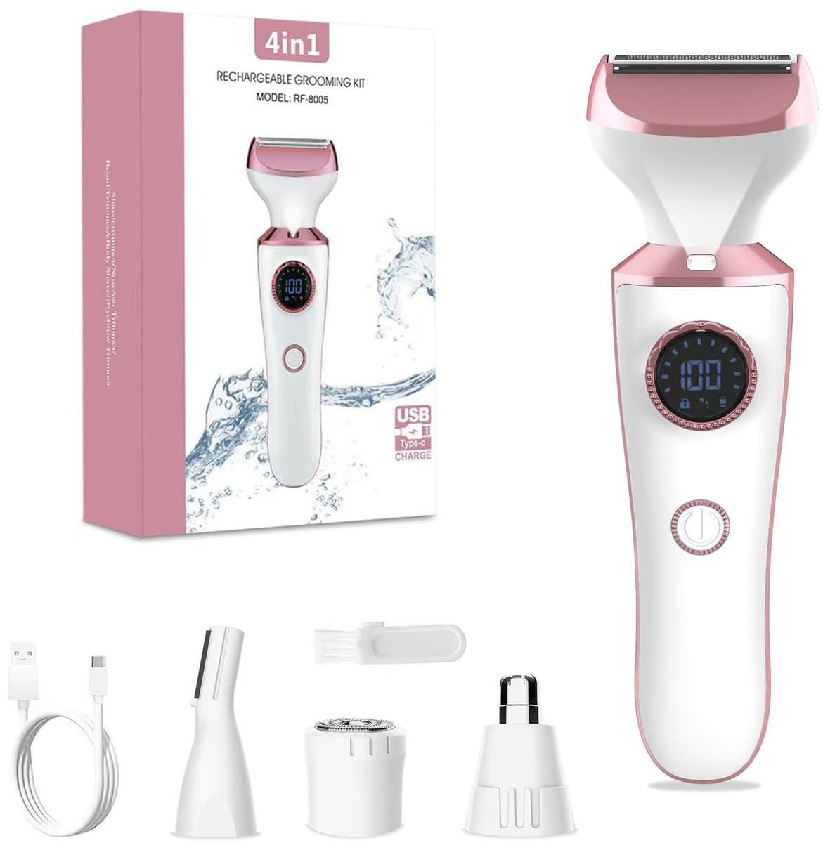 4-in-1 Ladyshave - Oplaadbare Trimmer voor Vrouwen - Waterdichte Bikinitrimmer IPX6 - Scheerapparaat Vrouw met 4 Opzetstukken - Neus Wenkbrauw en Lichaamstrimmer – Roze