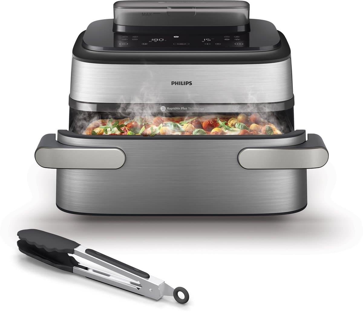Philips Airfryer 5000-serie Megabasket Met Stoomfunctie – NA565/02 – Enkele mand óf Dubbele Mand - SteamClean – 9,5L – Tot 8 Personen – Inclusief Tang