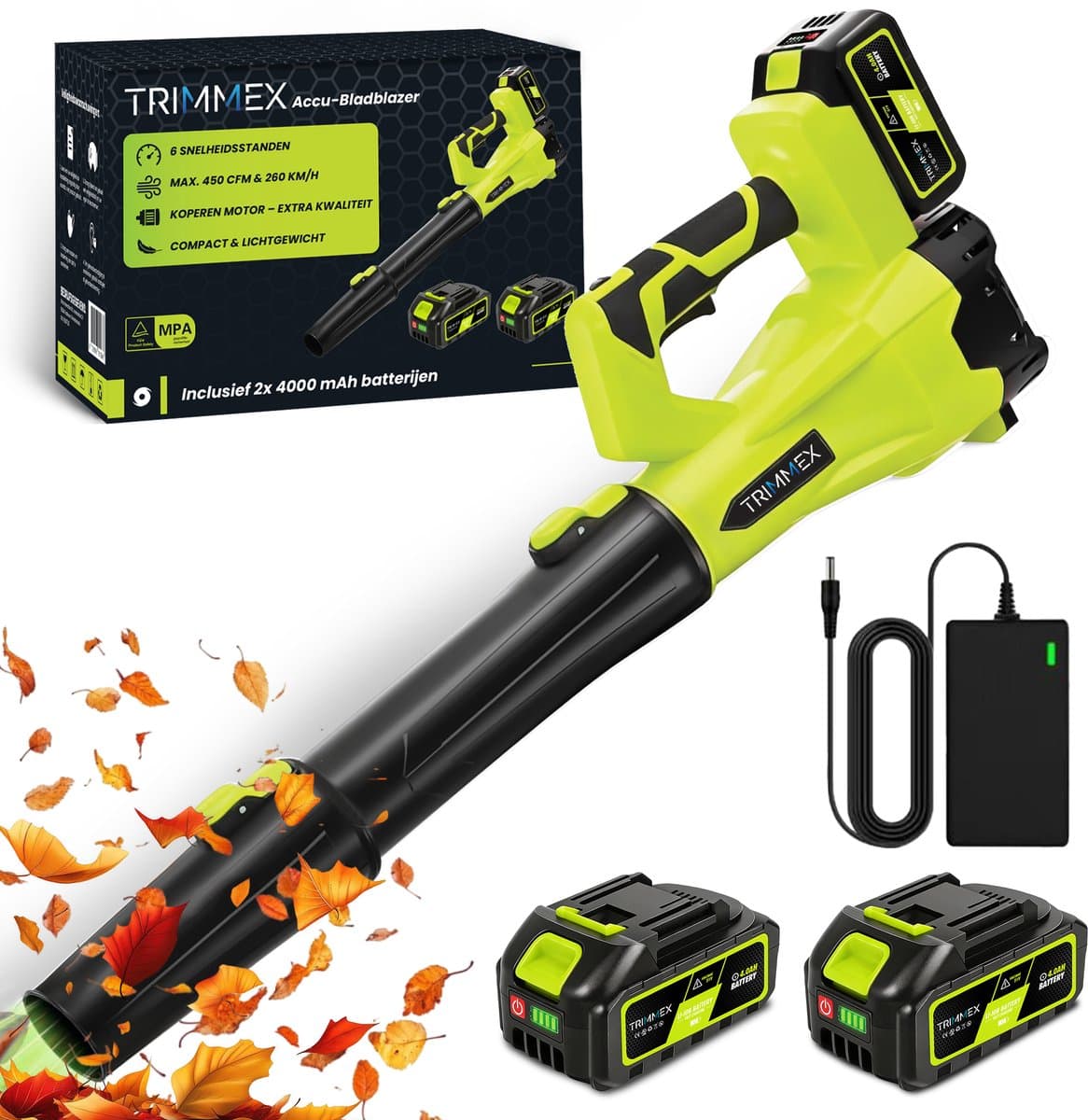 Trimmex Accu Bladblazer 20V – blazer - luchtsnelheid 260 km/u - extra krachtige 2x 4.0Ah accu - Groen
