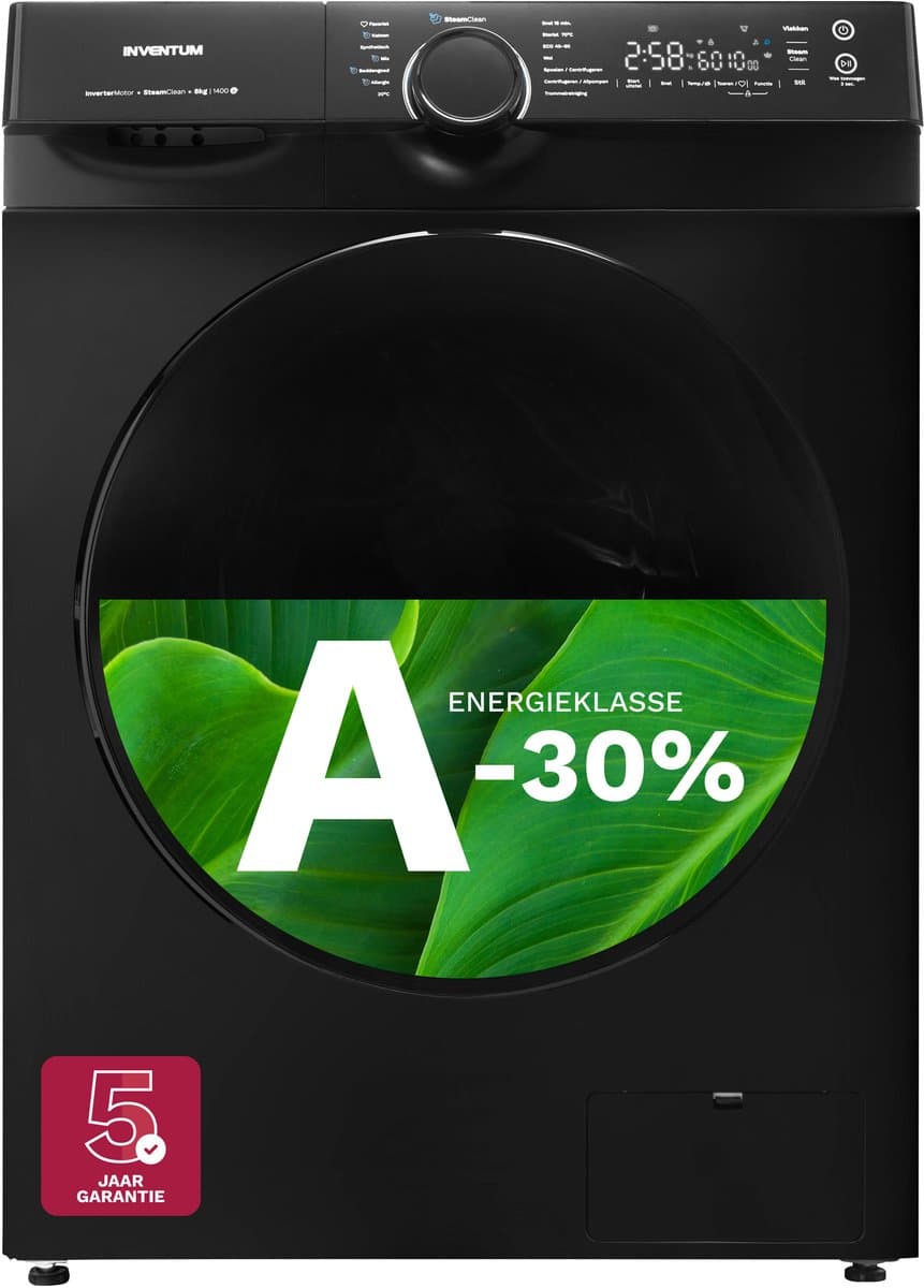 Inventum VWM8030B - Wasmachine - 8kg - 14 programma's - 1400 toeren - Energieklasse A-30% - Steam Clean - Stil: 72 dB - Zwart