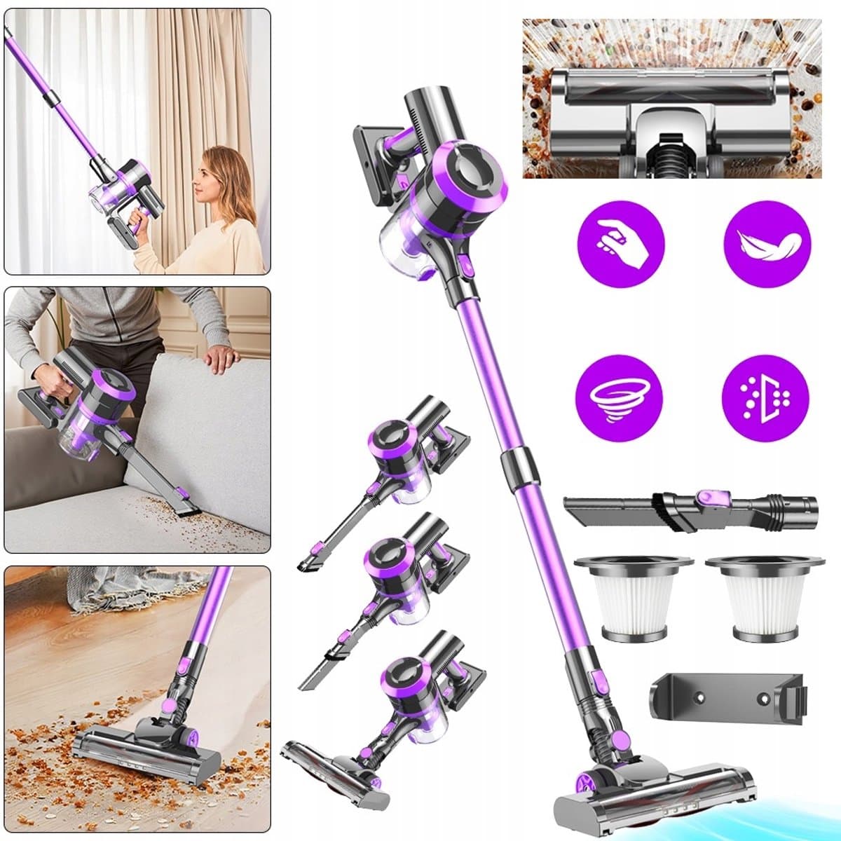 Handstofzuiger met steel - Draadloze Steelstofzuiger - 400W Draadloze Stofzuiger - Stofzuiger - 30kPa Zuigkracht & 55 Min Runtijd - Met LED Scherm & Anti-tangler Borstel - Voor Dierenharen & Hele Huis - Krachtig & Stil