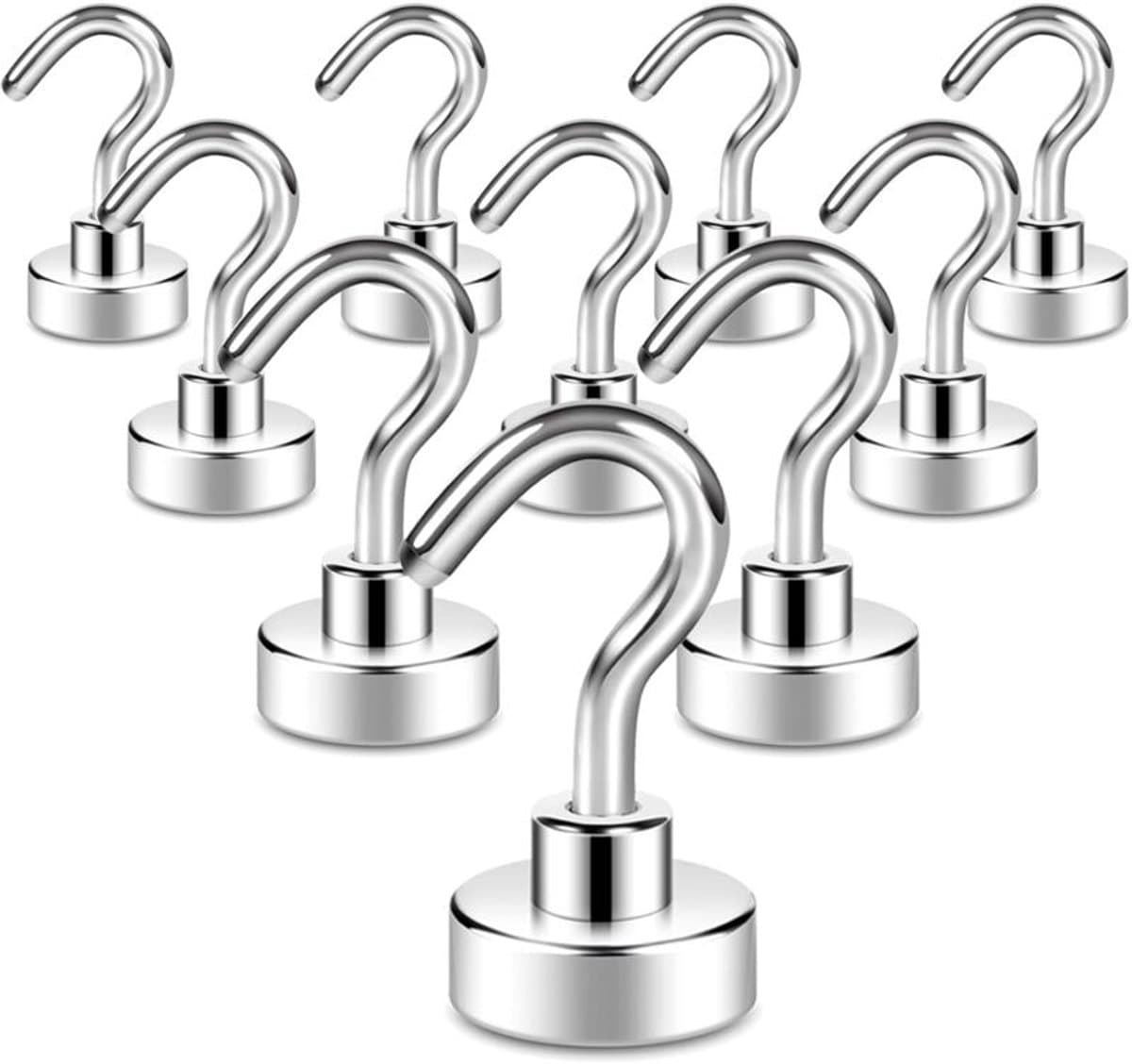 Magneethaken, extra sterk - 10 kg - neodymium magneten met haken - 10 stuks - magnetische haken - stansvrij - voor ijzeren deuren - koelkasten - keukens - kledingrek - kantoor - magneethaken - zilver